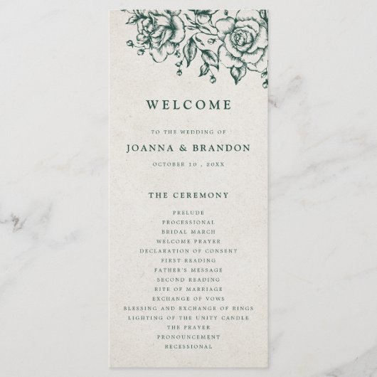 Smaragd groen  botanische bruiloft programmakaart (Voorkant)