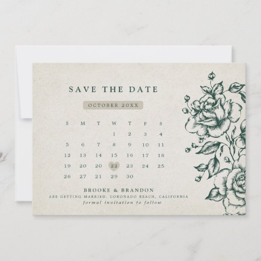 Smaragd groen  botanische bruiloft save the date (Voorkant)