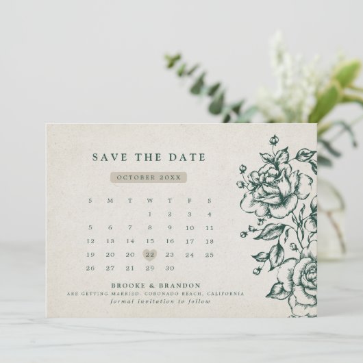 Smaragd groen  botanische bruiloft save the date (Staand voorkant)