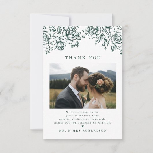 Smaragd groen  botanische eenvoudige bruiloft bedankkaart (Voorkant)