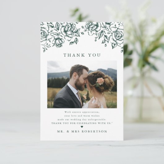 Smaragd groen  botanische eenvoudige bruiloft bedankkaart (Staand voorkant)