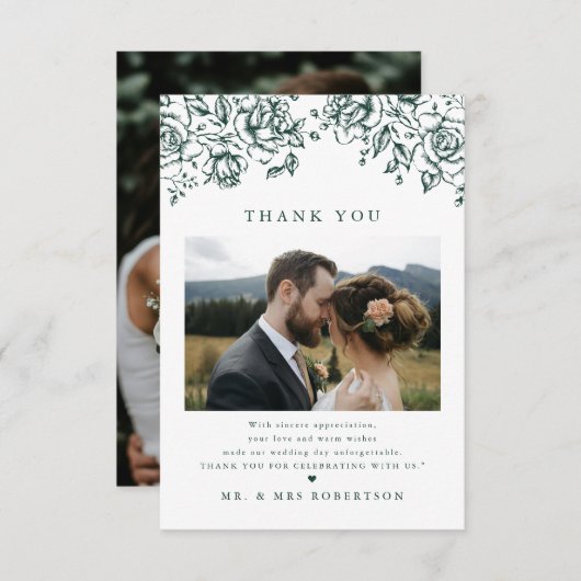 Smaragd groen  botanische eenvoudige bruiloft bedankkaart (Voorkant / Achterkant)