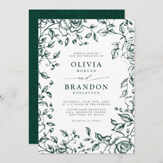 Smaragd groen  botanische eenvoudige bruiloft kaart (Voorkant / Achterkant)
