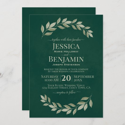 Smaragd groen Eenvoudige Waterverf verlaat bruilof Kaart (Voorkant / Achterkant)