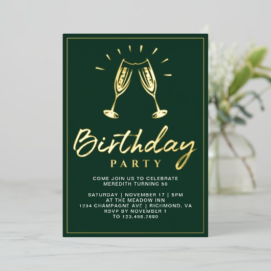 Smaragd Groen en Goud Champagne Verjaardagsfeest Folie Uitnodiging (Staand Voorkant)