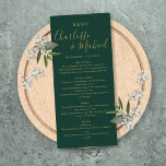 Smaragd Groen en Goud Elegant Script Bruiloft Menu<br><div class="desc">Elegante smaragdgroene en gouden handtekening trouwmenukaart met kenmerkende stijlnamen,  deze moderne menukaart kan worden gepersonaliseerd met uw informatie in chique gouden belettering. Ontworpen door Thisnotme©</div>