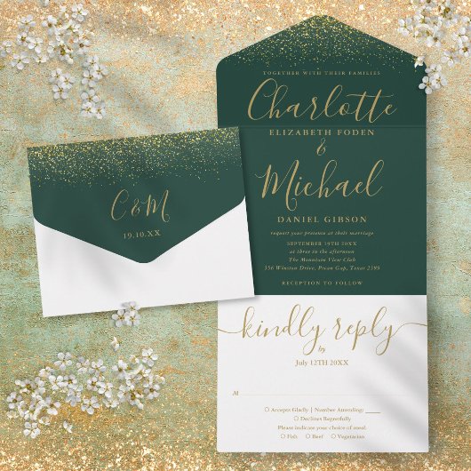 Smaragd Groen en Goud Glitter Script Bruiloft All In One Uitnodiging