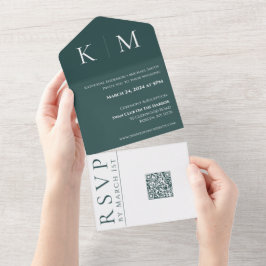 Smaragd Groen en Wit-Monogram-Bruiloft- All In One Uitnodiging