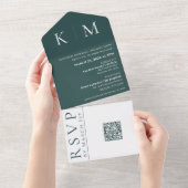 Smaragd Groen en Wit-Monogram-Bruiloft All In One Uitnodiging (Afscheurbaar)