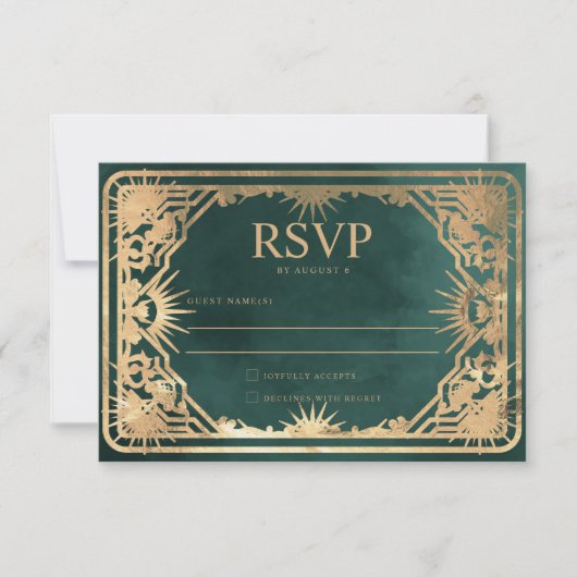 Smaragd Groen & Faux Goud Tarot Hemelbruiloft RSVP Kaartje (Voorkant)