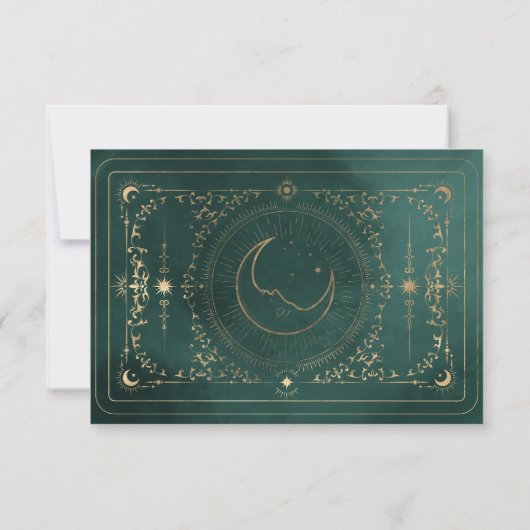Smaragd Groen & Faux Goud Tarot Hemelbruiloft RSVP Kaartje (Achterkant)