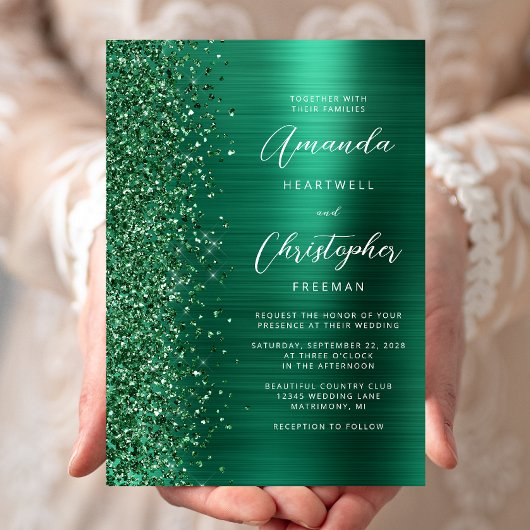 Smaragd Groen Geborsteld Metaal Glitter Script Bru Kaart