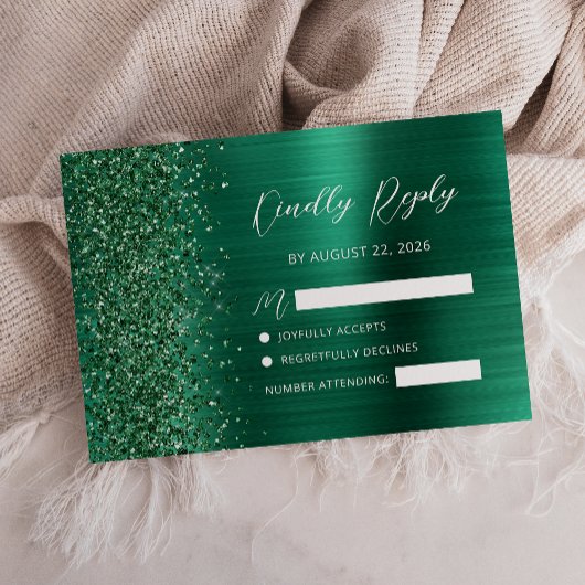 Smaragd Groen Geborsteld Metaal Glitter Script Bru RSVP Kaartje