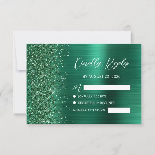 Smaragd Groen Geborsteld Metaal Glitter Script Bru RSVP Kaartje (Voorkant)