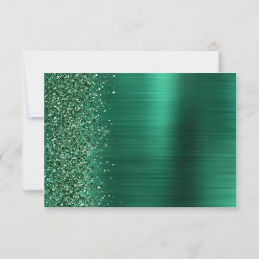 Smaragd Groen Geborsteld Metaal Glitter Script Bru RSVP Kaartje (Achterkant)
