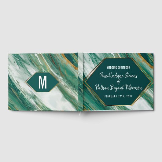 Smaragd Groen Goud Abstract Agaat Marmer Bruiloft Gastenboek (Volledig)