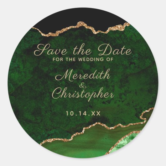 Smaragd Groen Goud Agaat Marmer Save the Date Ronde Sticker (Voorkant)