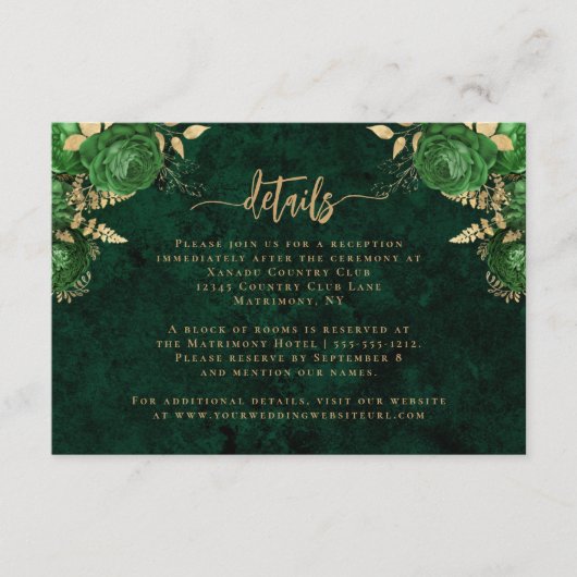 Smaragd Groen Goud Agaat Script Bruiloft Details Informatiekaartje (Voorkant)