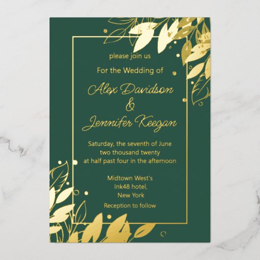 Smaragd Groen Goud bladeren Botanische chique brui Folie Uitnodiging (Voorkant)