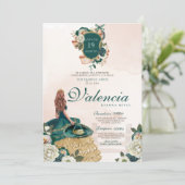 Smaragd Groen Goud Bloemen Crest Charra Quinceaner Kaart (Staand voorkant)