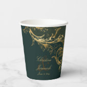 Smaragd Groen Goud Bloemen Damast Bruiloft Papieren Bekers (Achterkant)