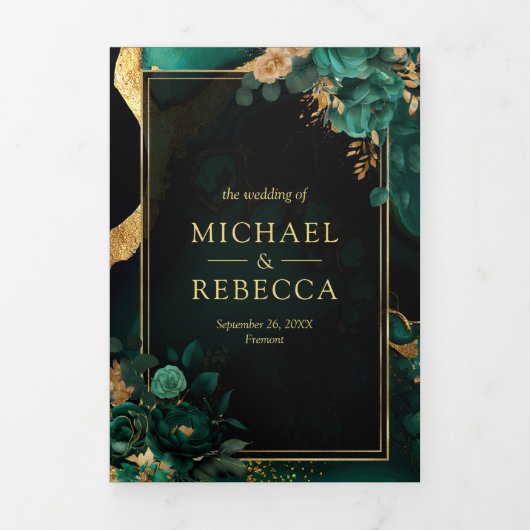 Smaragd Groen Goud Bloemen Marmer QR Code Bruiloft Drieluik Uitnodiging (Cover)