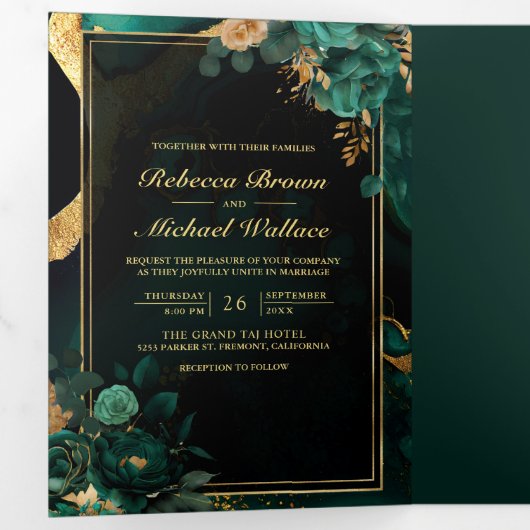 Smaragd Groen Goud Bloemen Marmer QR Code Bruiloft Drieluik Uitnodiging (Binnenzijde eerst)