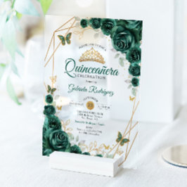 Smaragd Groen Goud Bloemen Quinceanera Acryl Uitnodigingen