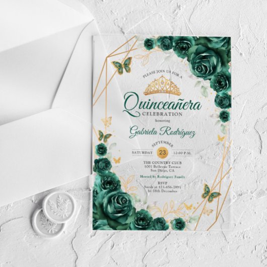 Smaragd Groen Goud Bloemen Quinceanera Acryl Uitnodigingen