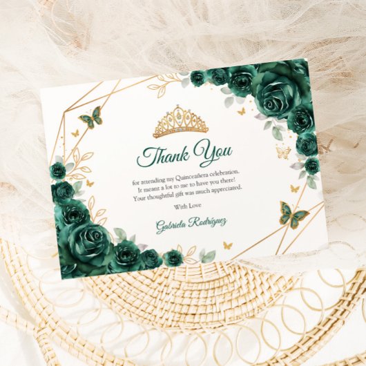 Smaragd Groen Goud Bloemen Quinceanera Bedankkaart