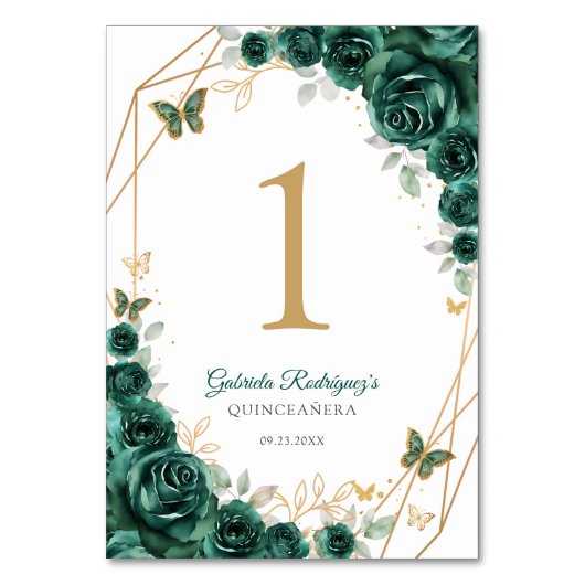 Smaragd Groen Goud Bloemen Quinceanera Kaart (Achterkant)