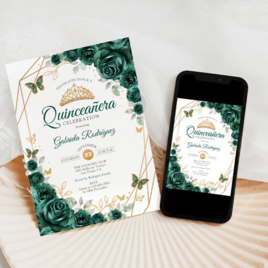 Smaragd Groen Goud Bloemen Quinceanera Kaart