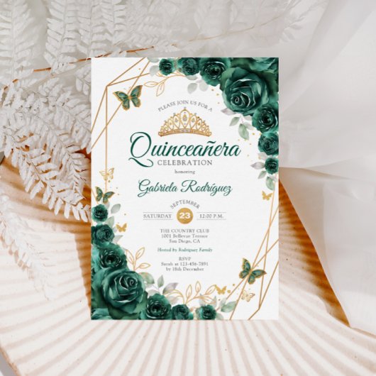 Smaragd Groen Goud Bloemen Quinceanera Kaart