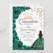 Smaragd Groen Goud Bloemen Quinceanera Kaart (Voorkant)