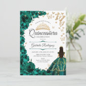 Smaragd Groen Goud Bloemen Quinceanera Kaart (Staand voorkant)