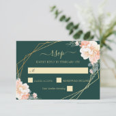 Smaragd Groen Goud Blush Perzik Bloemen Bruiloft R RSVP Kaartje (Staand voorkant)
