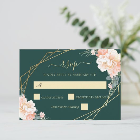 Smaragd Groen Goud Blush Perzik Bloemen Bruiloft R RSVP Kaartje (Staand voorkant)