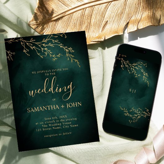 Smaragd Groen & Goud Botanische Elegante Huwelijk Kaart