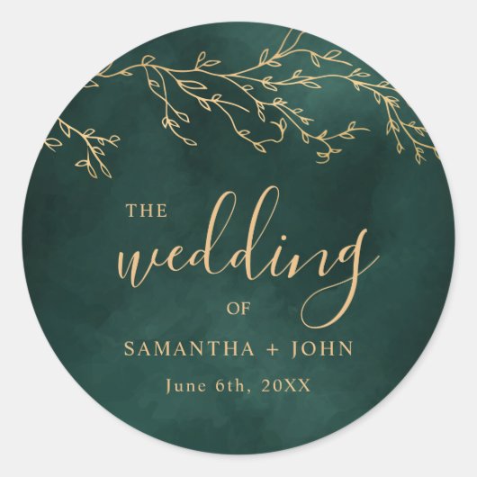 Smaragd Groen & Goud Botanische Elegante Huwelijk Ronde Sticker (Voorkant)
