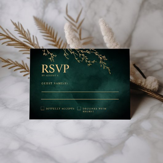 Smaragd Groen & Goud Botanische Elegante Huwelijk RSVP Kaartje