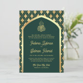 Smaragd Groen Goud Diamanten Boog Moslim Bruiloft Kaart (Staand voorkant)