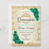 Smaragd Groen Goud Elegant Bloemen Quinceanera Kaart (Voorkant)