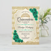 Smaragd Groen Goud Elegant Bloemen Quinceanera Kaart (Staand voorkant)