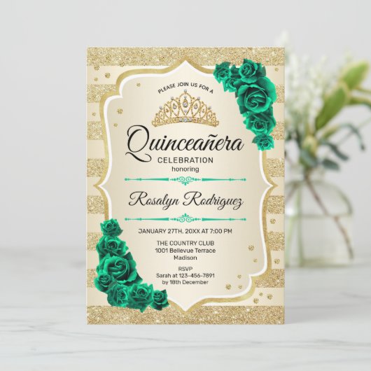 Smaragd Groen Goud Elegant Bloemen Quinceanera Kaart (Staand voorkant)