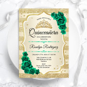 Smaragd Groen Goud Elegant Bloemen Quinceanera Kaart