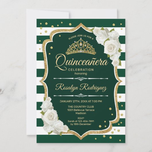 Smaragd Groen Goud Elegant Quinceanera Kaart (Voorkant)