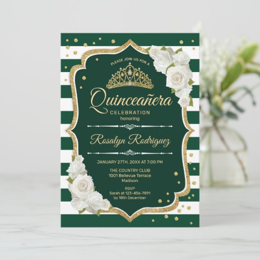Smaragd Groen Goud Elegant Quinceanera Kaart (Staand voorkant)