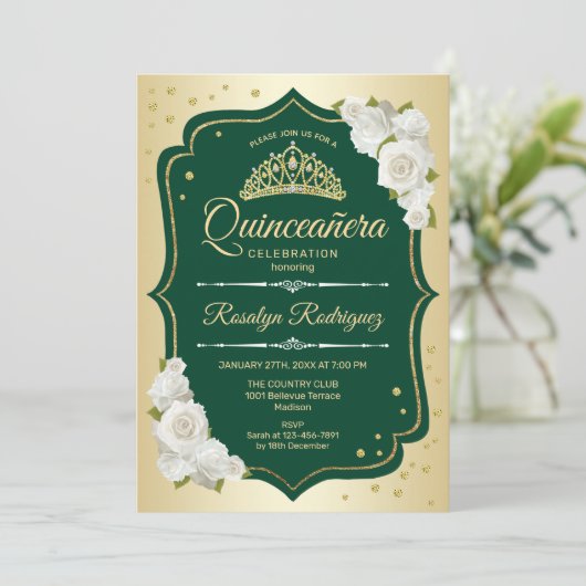 Smaragd Groen Goud Elegant Quinceanera Kaart (Staand voorkant)