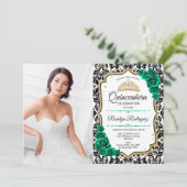 Smaragd Groen Goud Elegante Foto Quinceanera Kaart (Staand voorkant)