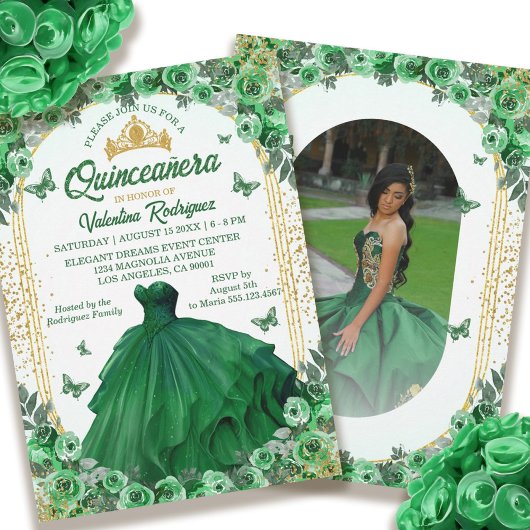 Smaragd Groen Goud Glitter Bloemen Quinceanera Kaart